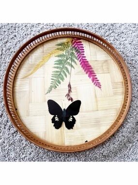 Mid Century Barware Pressed Black Butterfly Bamboo Serving Tray Flower Vintage
